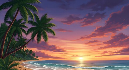 Tropical palm trees silhouetted against a vibrant sunset sky over the sea