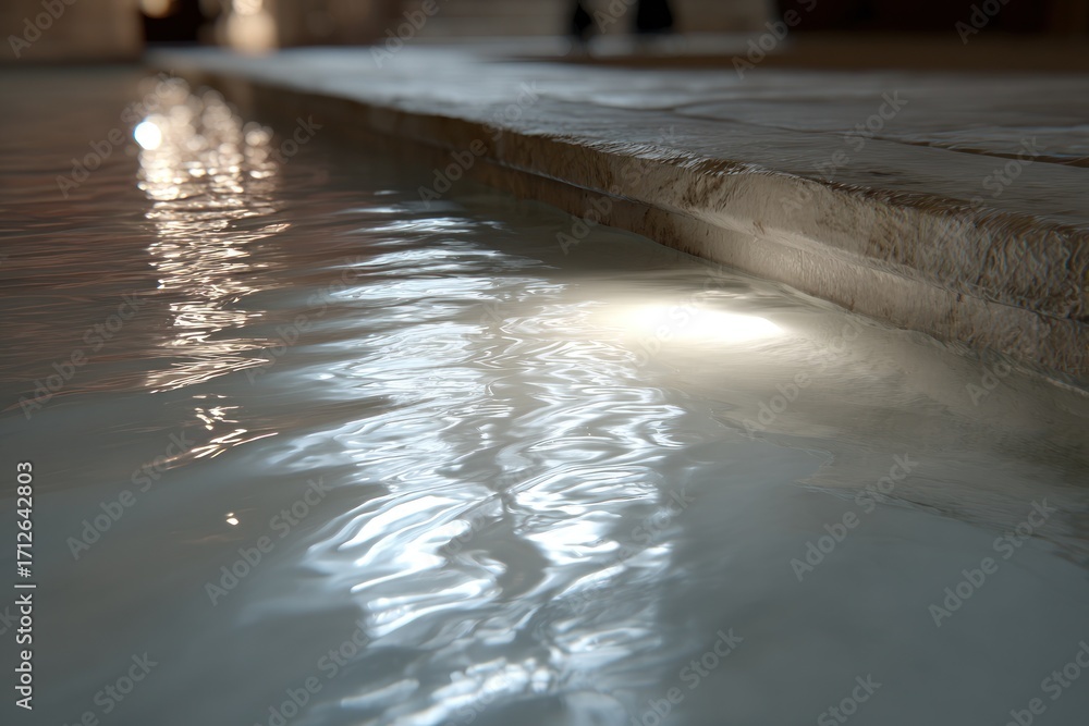 Poster ripples form in calm water illuminated by soft lights in a tranquil indoor setting during the evenin
