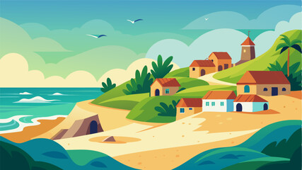 A tranquil village surrounded by lush greenery and sandy dunes where the only sounds are the crashing waves and the cries of seagulls.