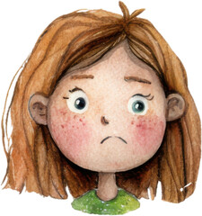 Naklejka premium Sad watercolor illustration of cute girl with brown hair and big eyes. Unhappy cartoon child face showing disappointment and worry