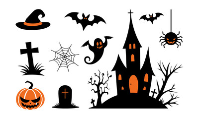 Halloween vector illustration featuring a haunted castle, carved pumpkins, flying bats, spooky trees, spider webs, and ghost silhouettes in a simple black and orange style.