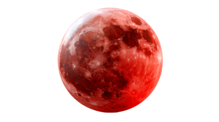 Blood moon total lunar eclipse seen in clear night skies, showcasing stunning red hues and intricate surface details