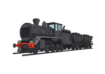 Fototapeta premium A black steam locomotive pulls two coal cars on a railway