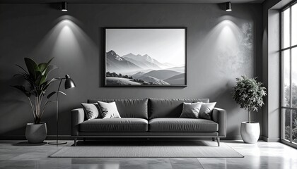 A modern minimalist living room featuring a gray sofa, potted plants, and a black and white mountain landscape painting illuminated by spotlights.