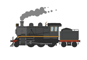 A black steam locomotive with a coal tender emitting smoke