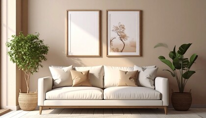 Bright living room with sofa, plants, and framed art.