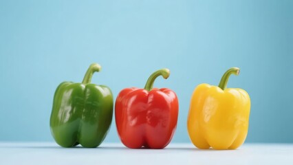 Three bell peppers in green, red, and yellow colors arranged in a row against a blue background