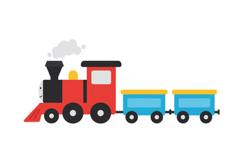 A cartoon red steam train with two blue carriages on a white background