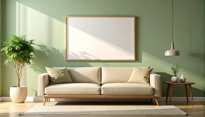 Modern living room with a beige sofa, potted plant, and a blank mockup frame on a sage green wall.