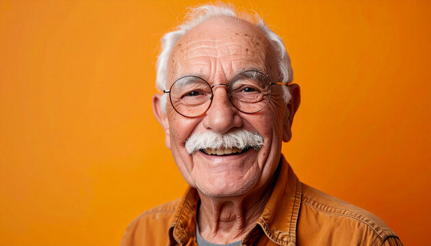 Elderly man with round glasses and white mustache, joyful wide smile, half-body portrait