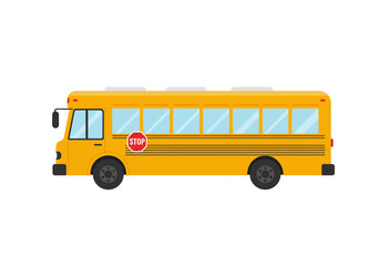 A flat illustration of a yellow school bus with a stop sign on the side