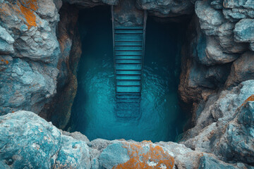 Ladder descending into cave opening.