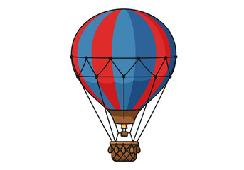 Naklejka premium A red and blue striped hot air balloon with a woven basket