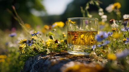 Becherovka small clear glass with wildflowers outdoors