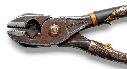 Old rusty combination pliers hand tool isolated on white background.