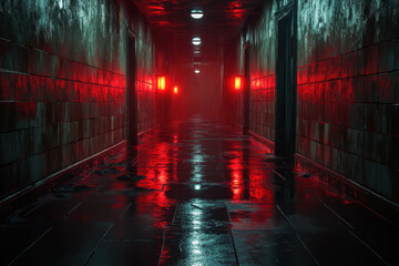 Person walks down dark hallway with red lights on dark floor.