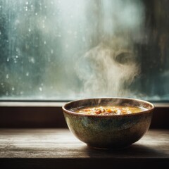 Steaming Bowl of Soup by Window, Cozy Atmosphere.
