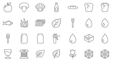Food Icons Set  Apple Fish Bread Water Bottle Leaf Shell Fork and Other Culinary Elements