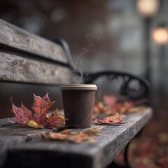Steaming Coffee Cup on a Park Bench Surrounded by Autumn Leaves