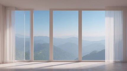 A serene room with large floor to ceiling windows framed by sheer white curtains offering expansive views of rolling gre