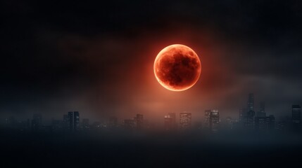 Lunar eclipse casts a stunning glow over the city skyline during nighttime