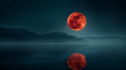 Stunning view of a total lunar eclipse reflecting on calm waters at night