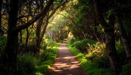 Sunlit Path Through a Lush Green Forest Tunnel.