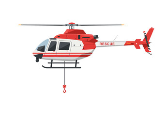Red and white rescue helicopter with a hook attached