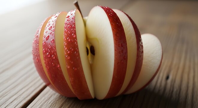 Red apple sliced into thin wedges on wood. - Powered by Adobe