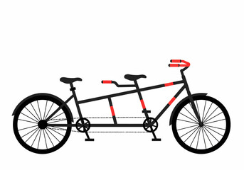 Tandem bicycle with red accents on a white background