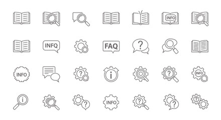 Information Icon Set Book FAQ Question Mark Gear Icons Search Symbol Help Vector Illustration