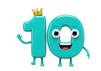 Isolated cartoonish character with a gold crown displays ten as a number with a smiling face