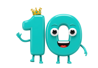 Isolated cartoonish character with a gold crown displays ten as a number with a smiling face