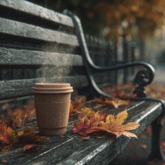 Steaming Coffee Cup on a Wet Park Bench Surrounded by Autumn Leaves