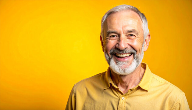 Elderly man with short gray beard and twinkling eyes, laughing warmly, half-body portrait.