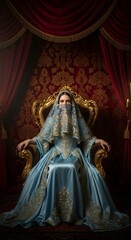 Elegant Woman in a Blue Gown Sitting on a Golden Throne