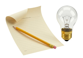 Isolated Light bulb, pencil and a paper with lines for planning creative ideas