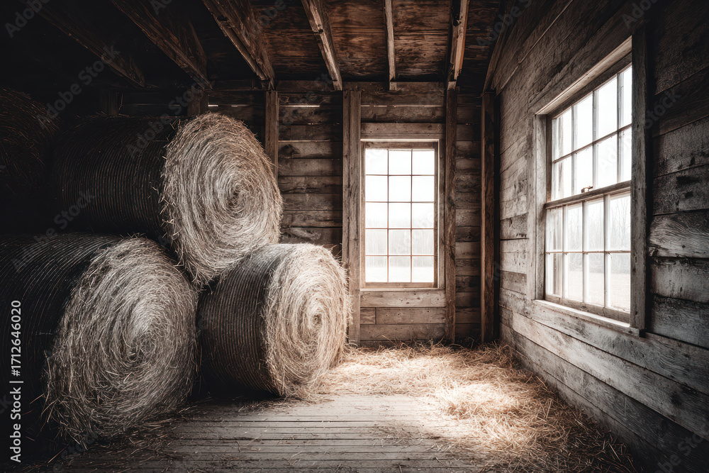 Poster inside a rustic barn, sunbeams illuminate rolled hay bales stacked next to two windows, creating a s