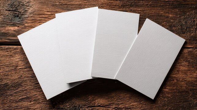 Ultra quality image of closeup mockup of four blank vertical business cards at brown wooden table background.