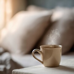 Steaming Coffee Cup on Table, Cozy Morning Scene.