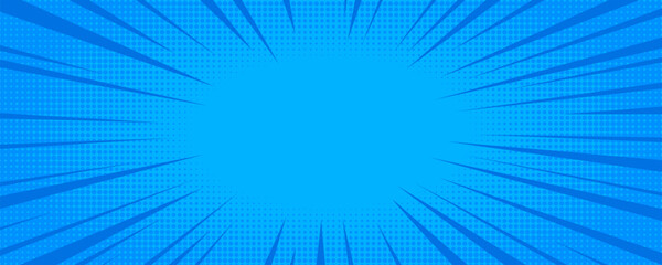 Comic background with blue halftone dots and radial speed motion lines. Vector speed effect for anime posters, stickers, covers, and dynamic graphic designs.