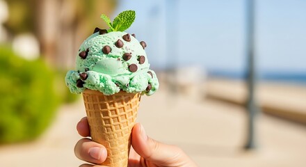 Refreshing Mint Chocolate Chip Ice Cream Cone on Beach.