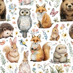 Watercolor Woodland animal Scandinavian seamless pattern. Fabric wallpaper background with Owl, hedgehog, fox and butterfly, rabbit forest squirrel and chipmunk, bear and bird baby animal,