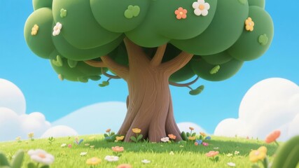 A vibrant cartoon tree with blooming flowers in a sunny meadow under a clear blue sky