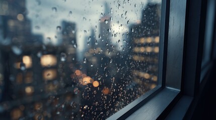 Obraz premium Ultra quality image of close-up view highlights water droplets on sleek aluminum window frames amidst a rainy atmosphere in a city environment.