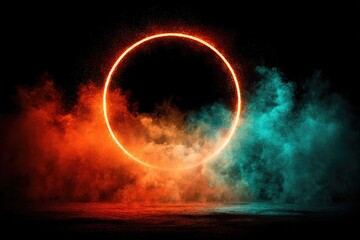 A vibrant, glowing circle framed by orange and teal colored smoke.