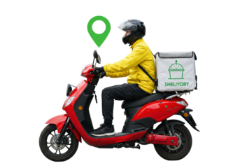 Isolated delivery driver on red scooter with location pin for restaurant pickup or takeout