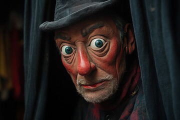 Man with red face paint wearing a hat.