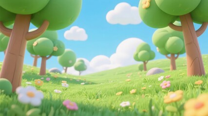 A vibrant cartoon landscape featuring green rolling hills, stylized trees, and colorful flowers under a bright blue sky with fluffy clouds.