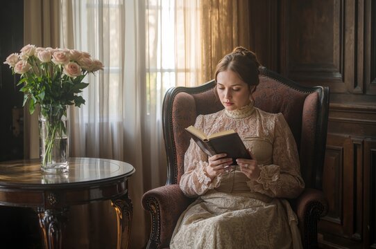 Victorian woman reads in ornate parlor bathed in soft sunlight